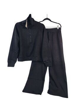 Pretty Garden Women 2-Piece Black Lounge Set Quarter-Zip Pullover Wide-Leg Pants